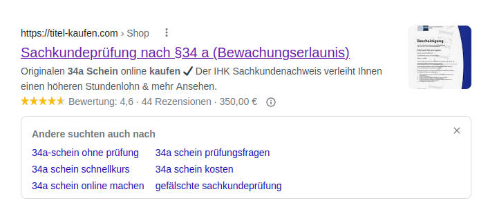 34a-Schein Werbung auf Google (Fake-Nachweis)